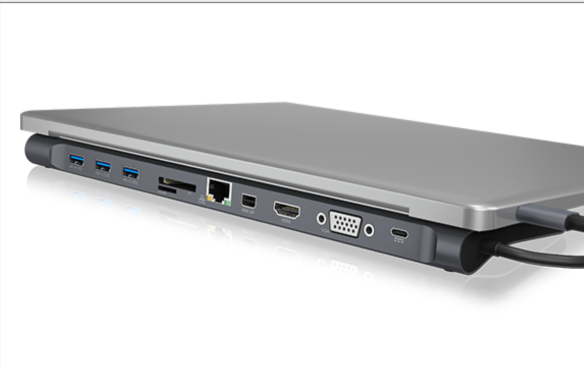 Stacja dokująca IcyBox IB-DK2102-C USB-C widoczna pod skosem