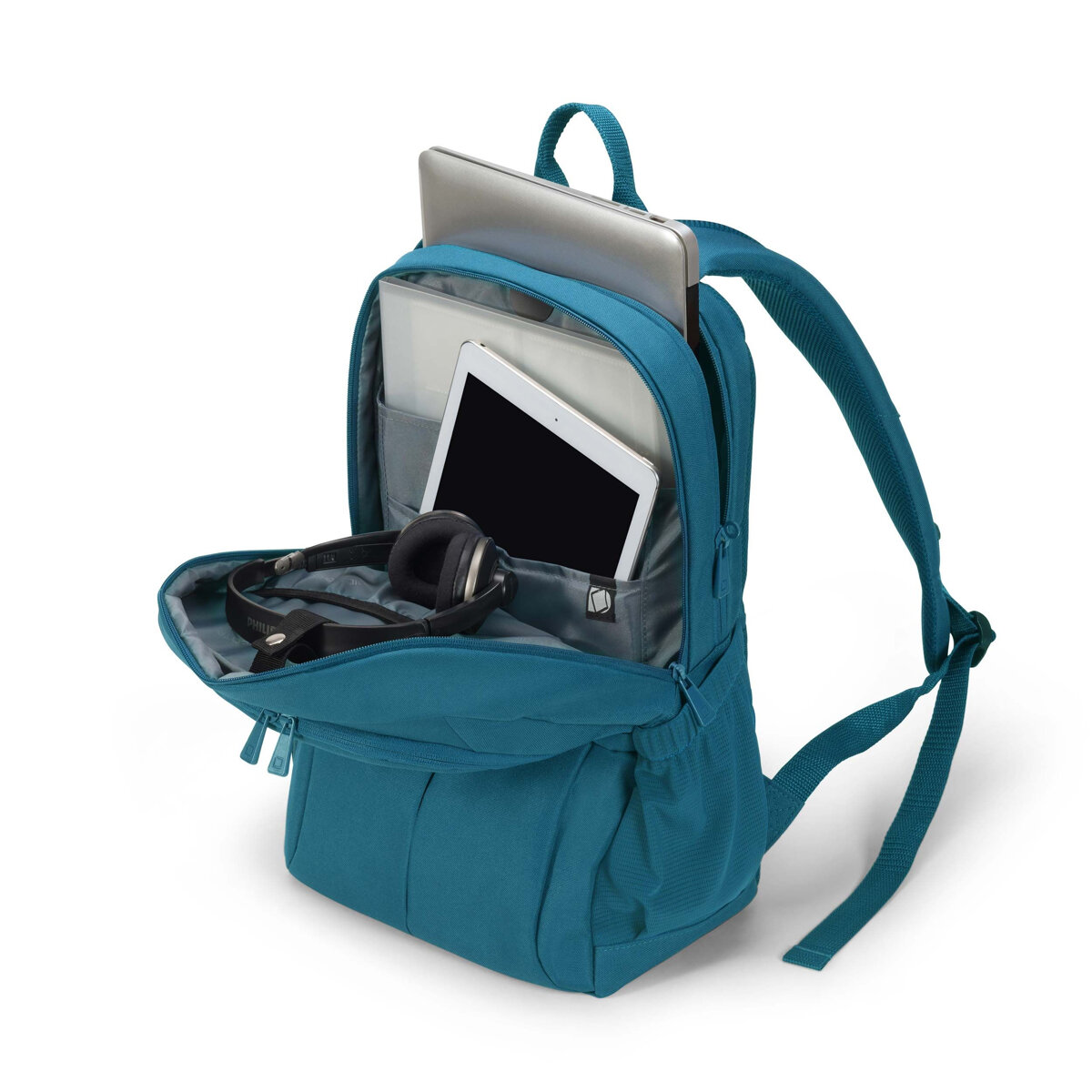 Plecak na laptopa Dicota Eco Scale 13-15,6 niebieski otwarty w którym znajduje się laptop, tablet oraz słuchawki