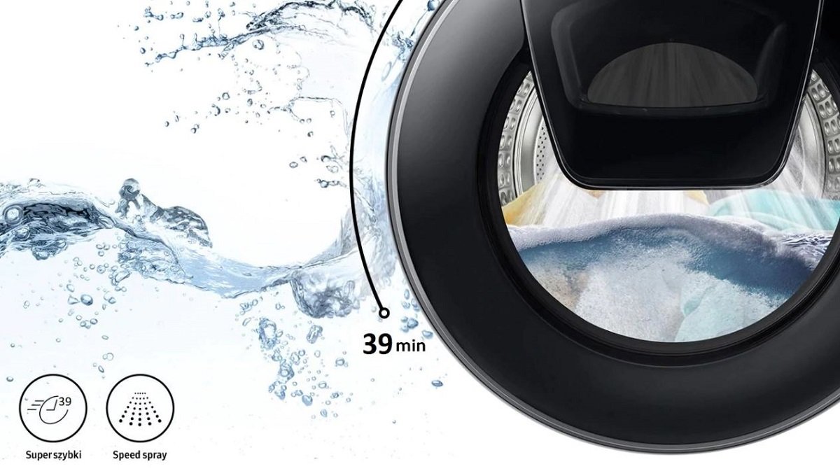 Pralka Samsung QuickDrive™ WW90T754ABH 9 kg Biała widok od przodu na bęben wypełniony wodą