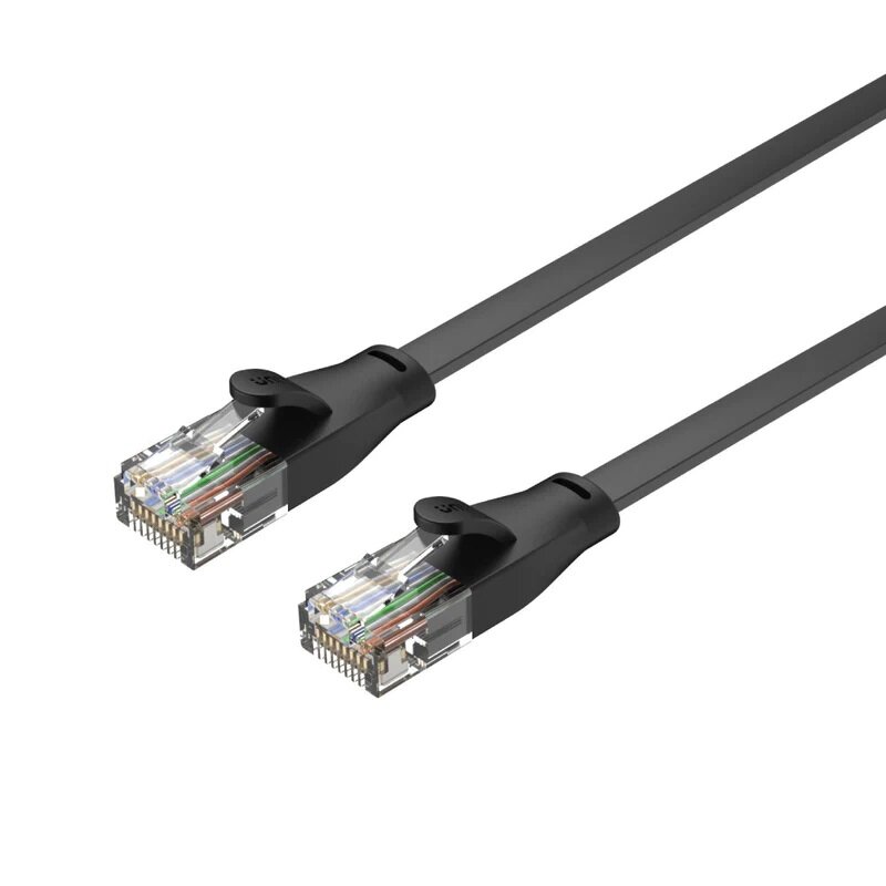 Kabel Ethernet Unitek C1809GBK 5m płaski widok od góry pod skosem, zbliżenie na wtyki RJ45