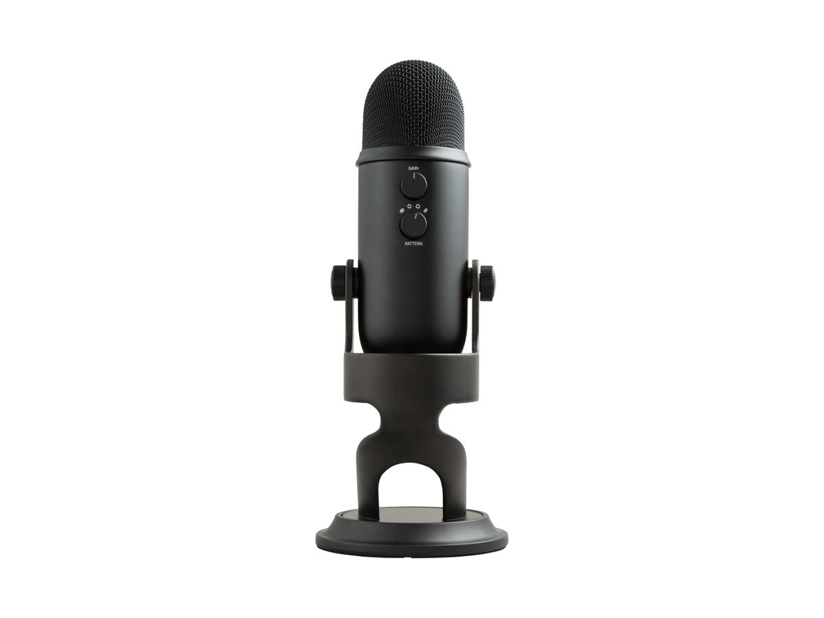 Mikrofon Logitech Yeti USB czarny tył mikrofonu na podstawce z widocznymi pokrętłami na białym tle