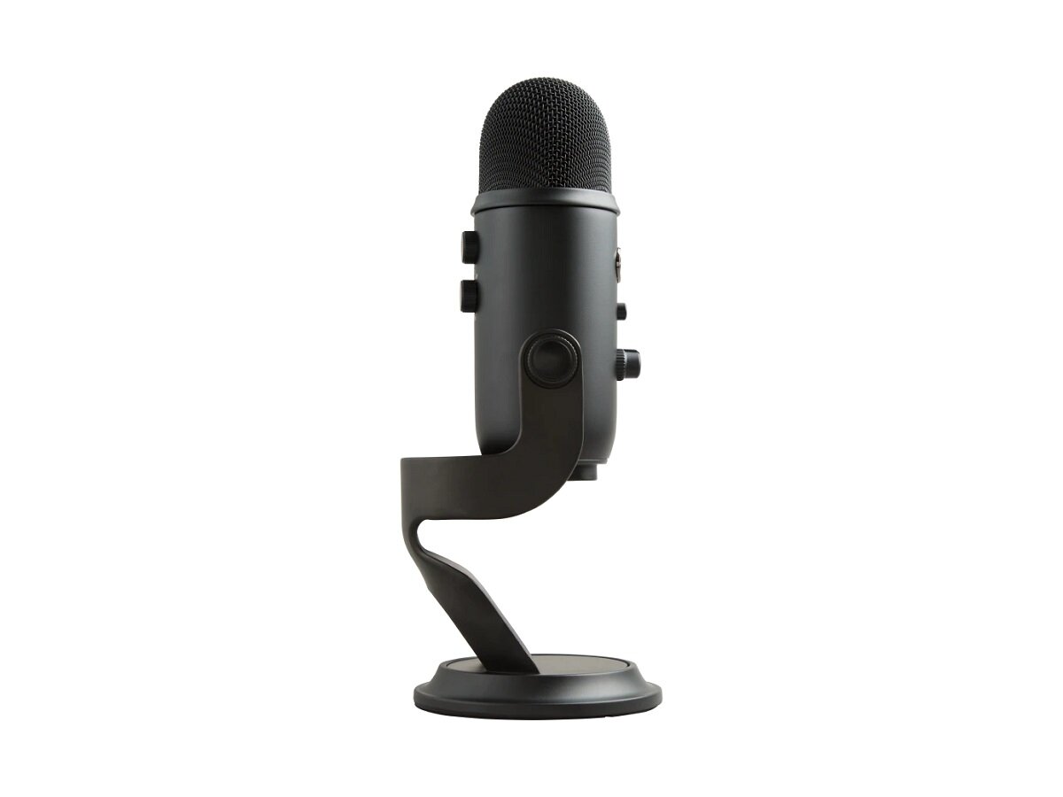 Mikrofon Logitech Yeti USB czarny bokiem na podstawce na białym tle