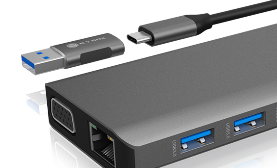 Replikator portów Icy Box DK4070-CPD USB-C widoczny pod skosem