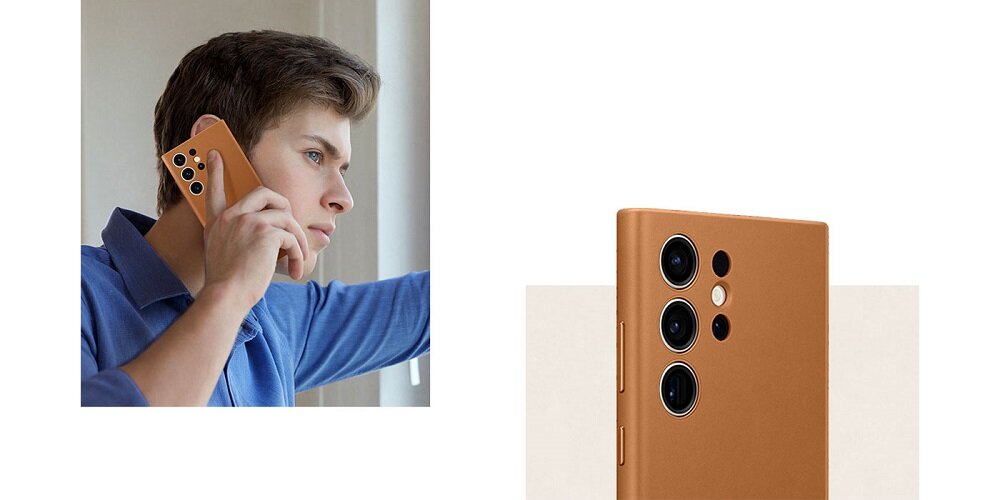 Etui Samsung Leather Case EF-VS911LBEGWW widok na mężczyznę trzymającego telefon w brązowym etui przy uchu oraz na górną część telefonu w etui pod skosem