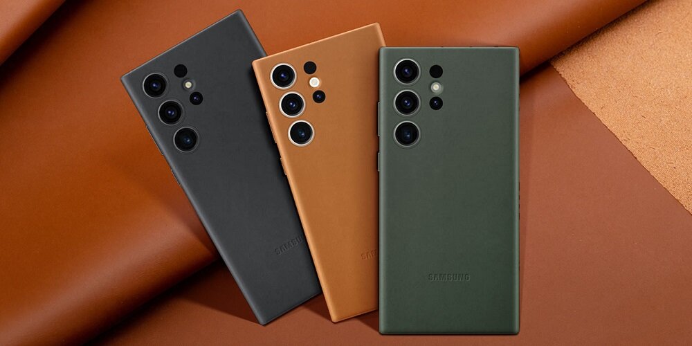 Etui Samsung Leather Case EF-VS911LBEGWW widok na smartfon w czarnym i brązowym etui pod skosem w lewo oraz smartfon w zielonym etui od tyłu