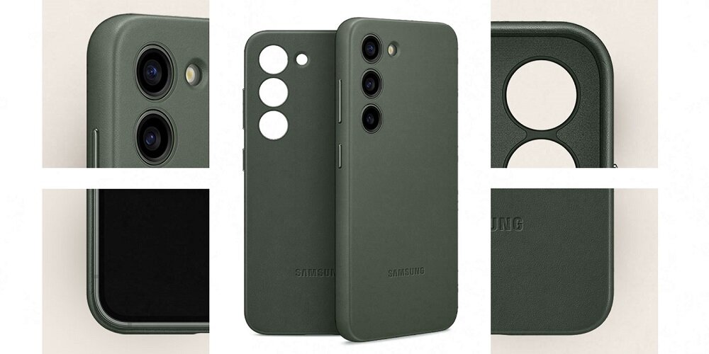 Etui Samsung Leather Case EF-VS911LBEGWW widok na smartfon w zielonym etui pod skosem oraz widok na samo etui od przodu i zbliżenia na elementy etui