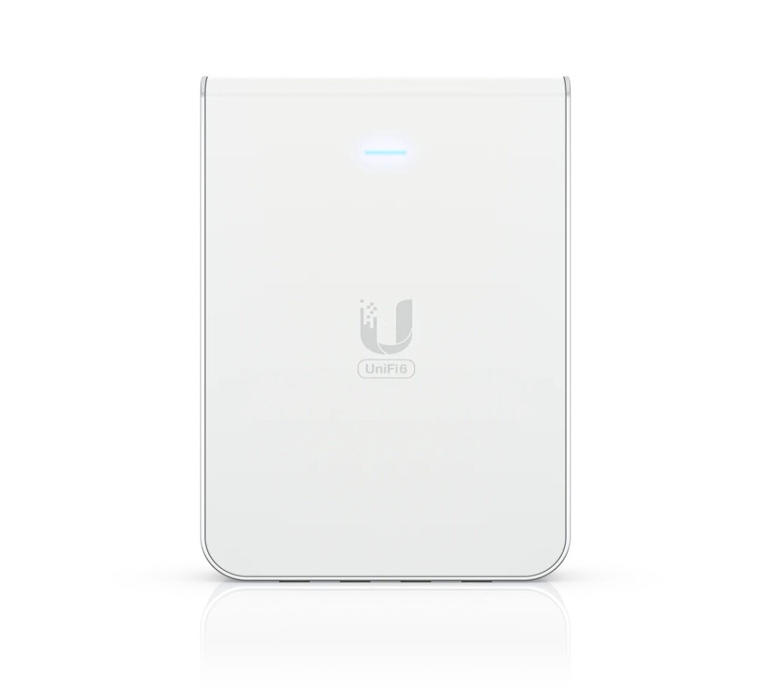 Punkt dostępowy Ubiquiti U6-IW WiFi pokazany od przodu na białym tle