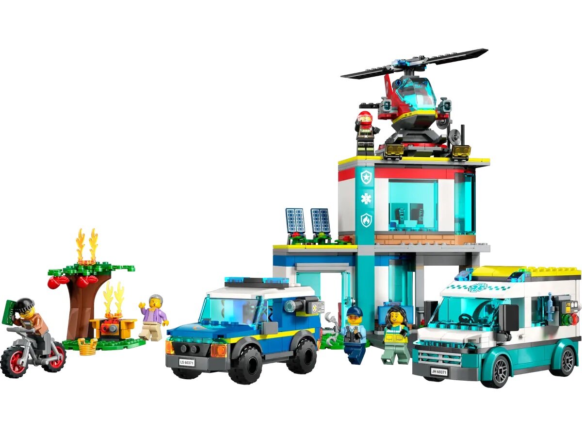 Klocki Lego City Parking dla pojazdów uprzywilejowanych 60371 widok na cały zestaw z karetką i SUV-em stojącymi pod skosem