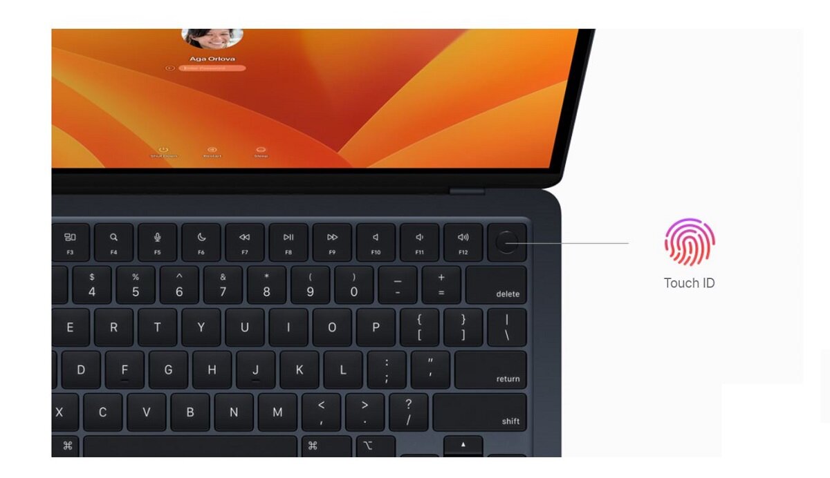 Laptop Apple MacBook Air 2023 15.3 Retina M2 8/512GB Srebrny od góry z ikoną touch id