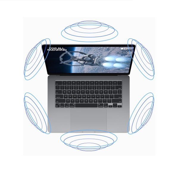 Laptop Apple MacBook Air 2023 15.3 Retina M2 8/512GB Srebrny od góry z grafiką źwięku