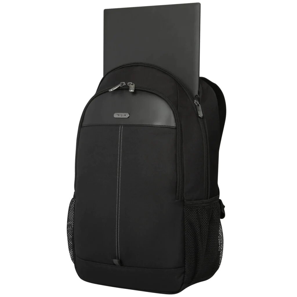 Plecak Targus TBB943GL Czarny od frontu pod skosem z wystającym laptopem