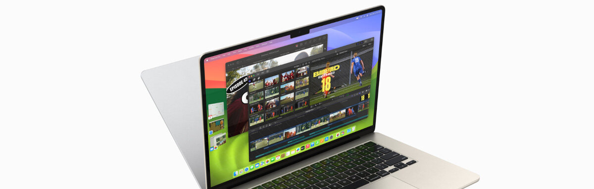 Laptop Apple MacBook Air M3 15' 16/512GB północ widok pod skosem z wyświetloną grafiką na ekranie