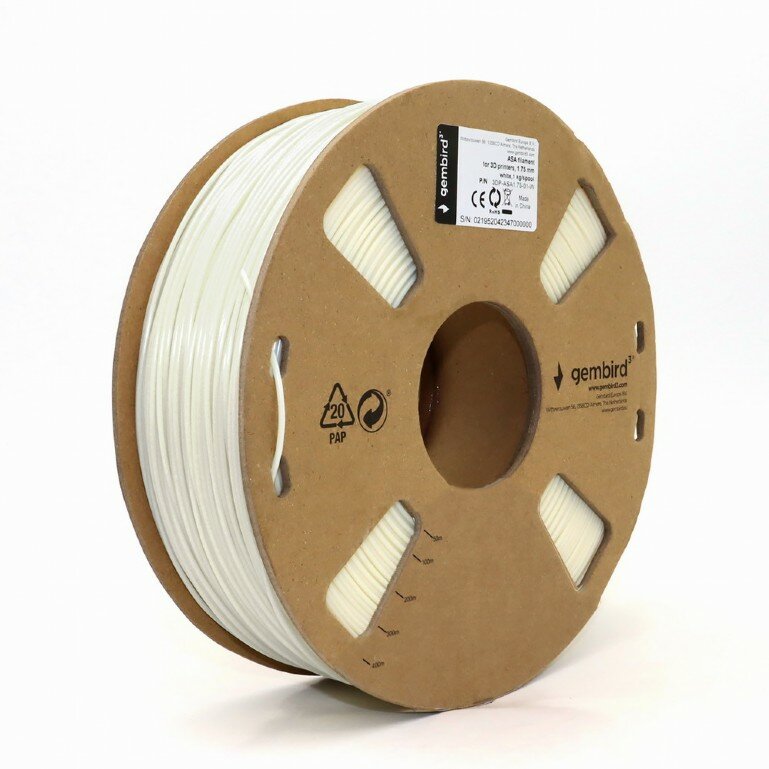 Filament Gembird 3DP-ASA1.75-01-W ASA 1,75 mm 1 kg nawinięty na szpuli pod skosem