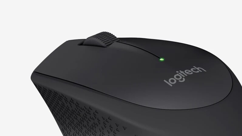 Mysz bezprzewodowa Logitech M280 widok na mysz pod skosem